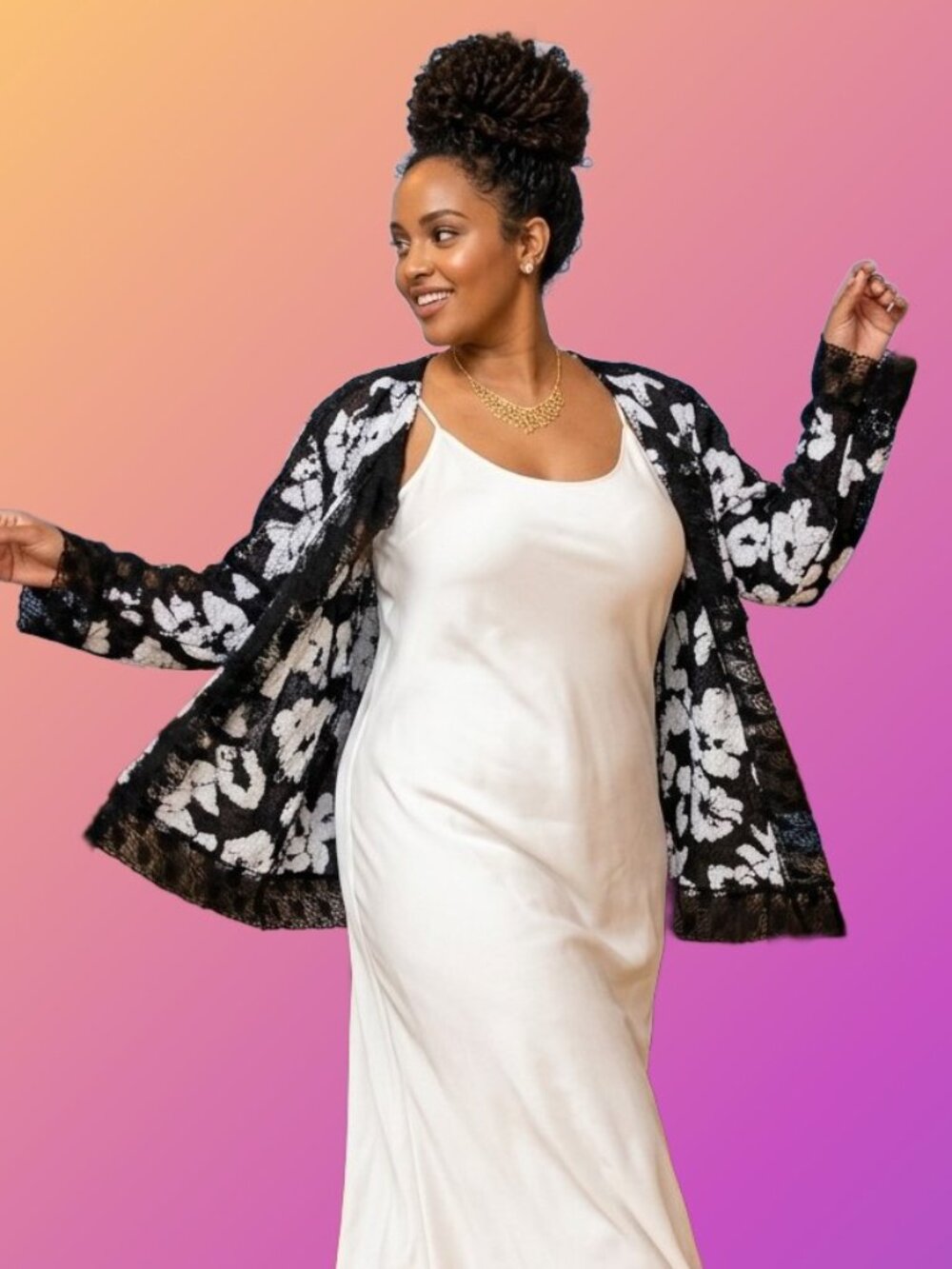 CELECA Floral Pattern Black White Crinkled Fabric Lace Detailing Cardigan Sz 4X